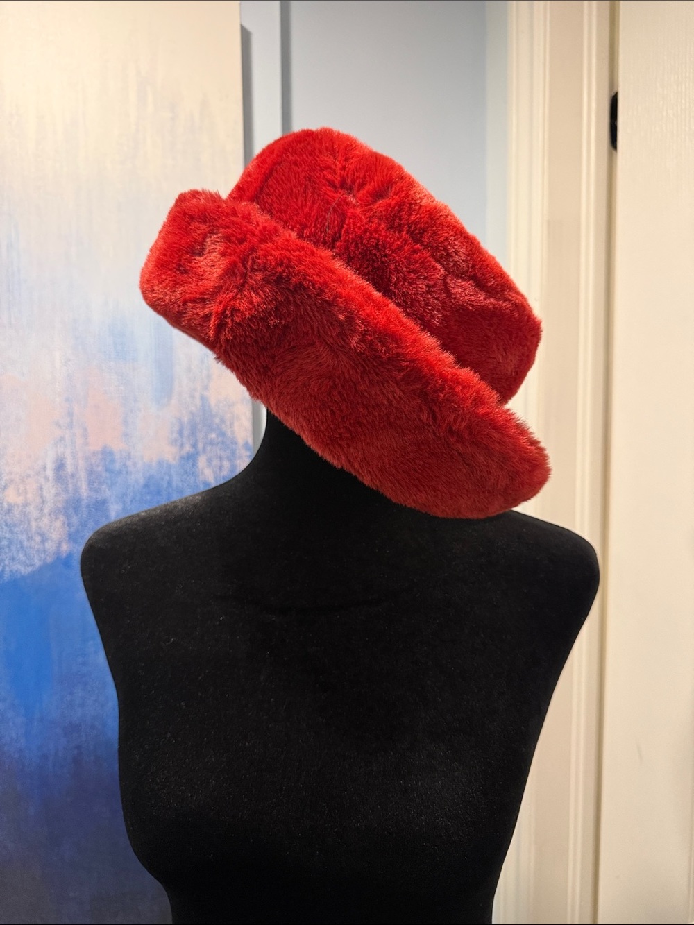 Plush Red Faux Fur Bucket Hat for Women